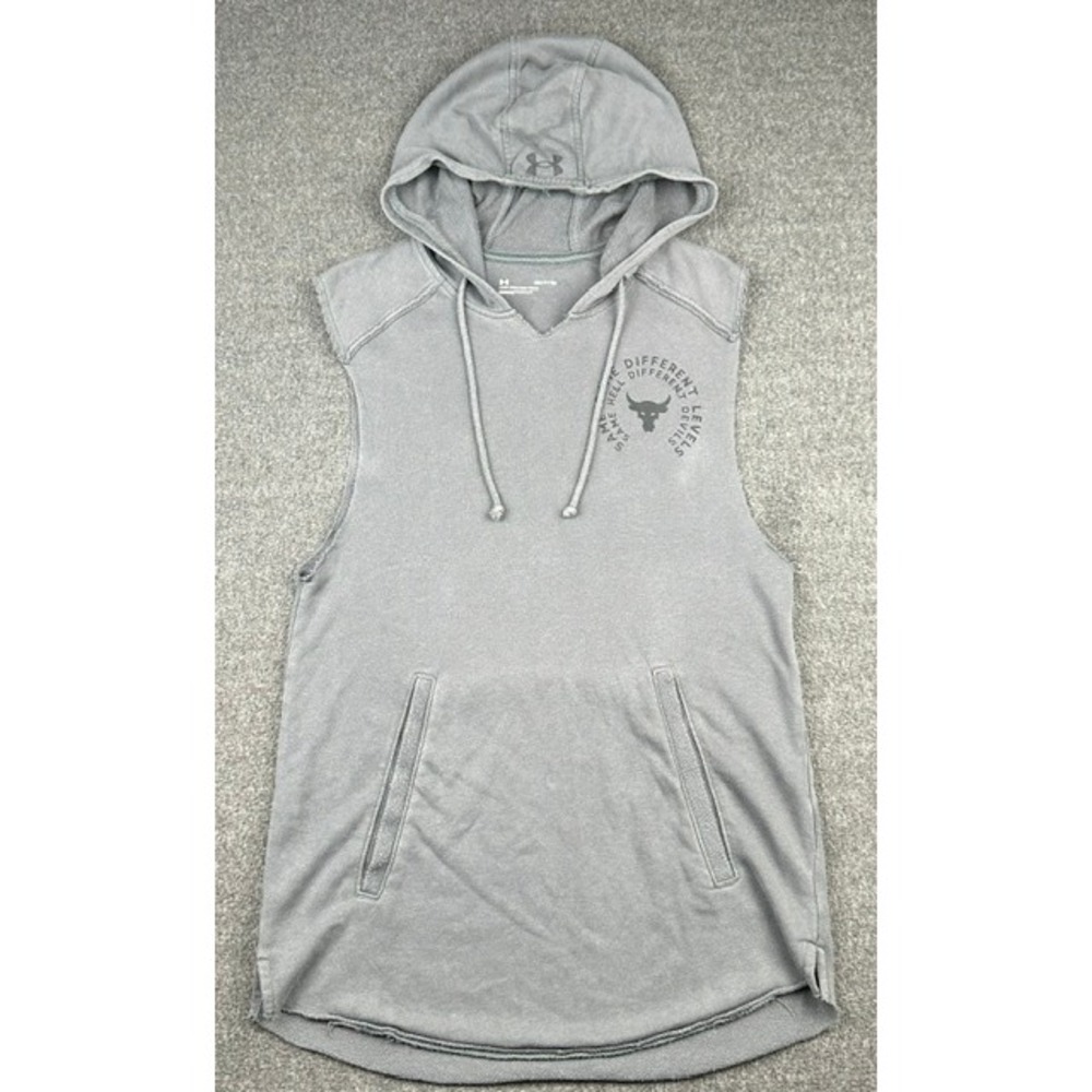 Under Armour Project Rock Mens Small Grey Sleeveless Hoodie Brahma Bull Skull